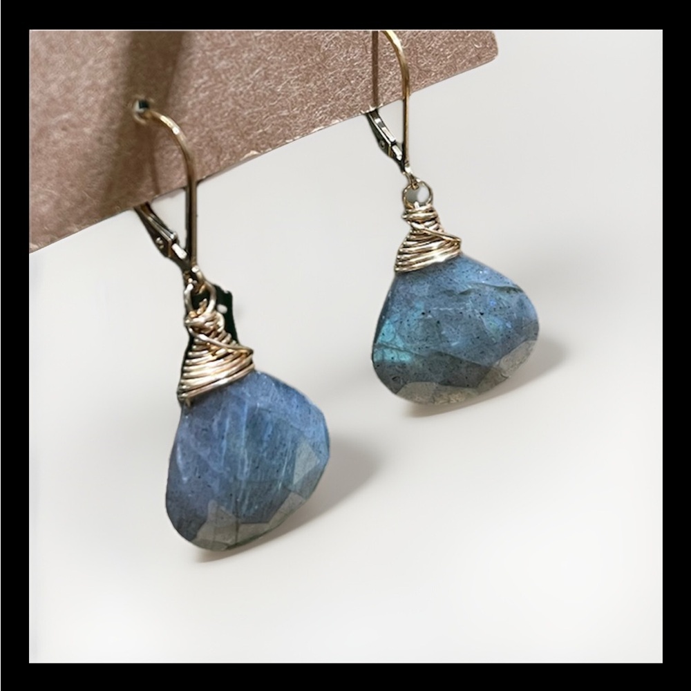 New Hand made Labradorite Teardrop Elegant Gold and Gray Gemstone Earrings